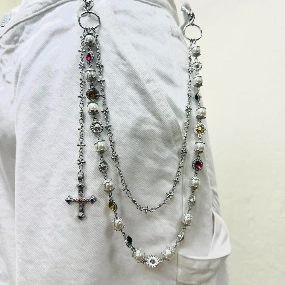 Y2k 2000s style Silver waist chain belt with cross charms and faux pearl